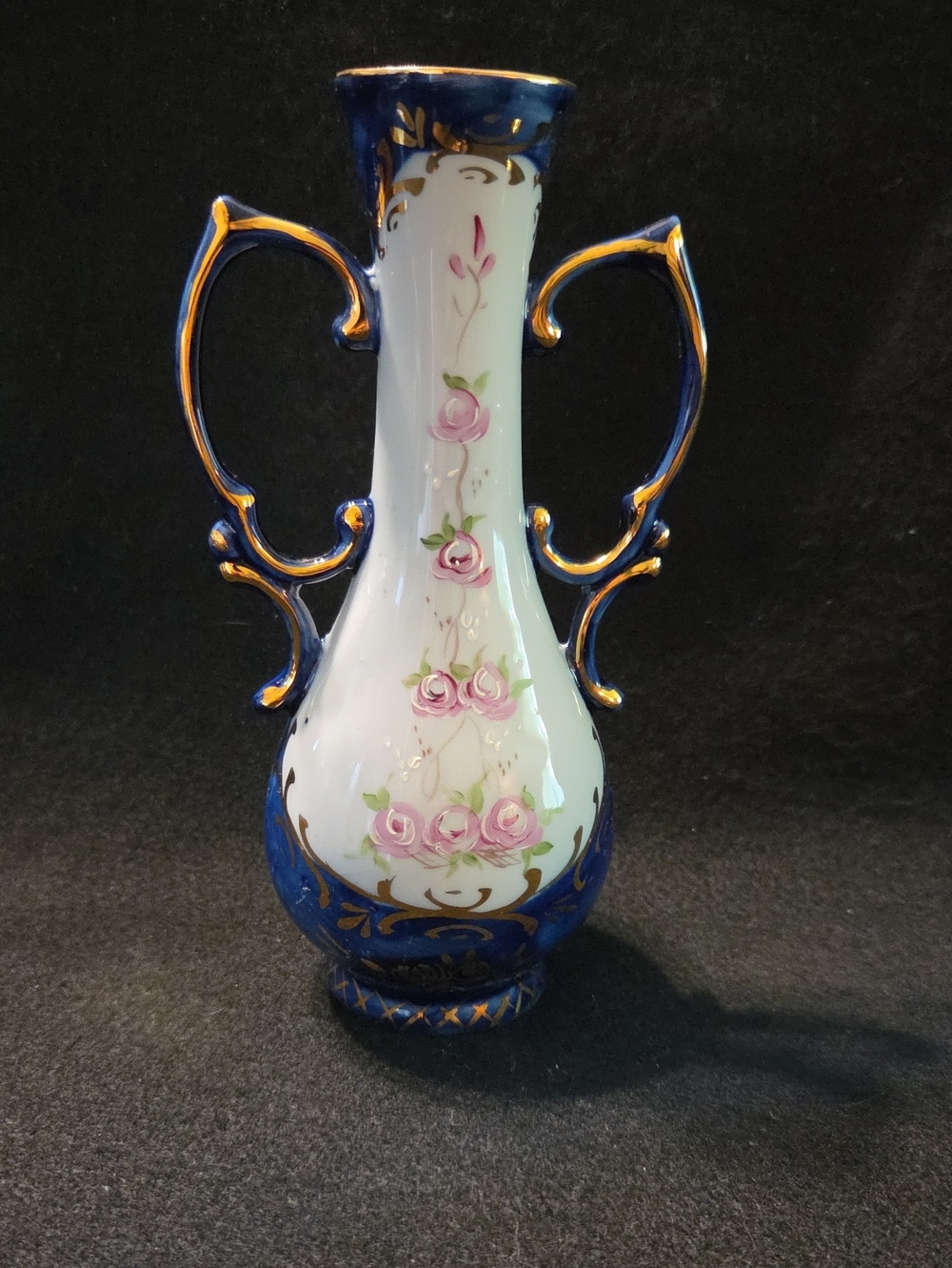 Blue and White Hand-Painted Porcelain Vase with Pink Rose Motif, Gold Trim